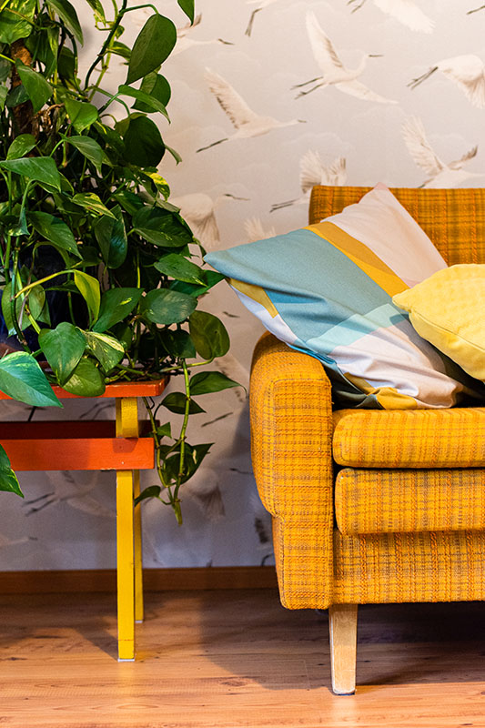 Retro sofa and a plant on Solvilan's living room